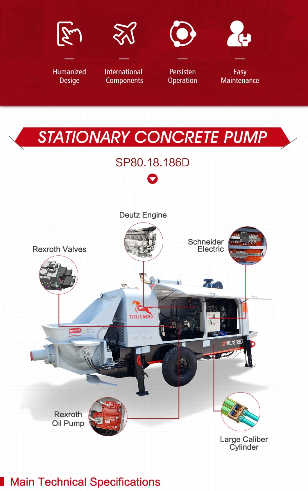 Hot Selling Machine Truemax Concrete Machinery Sp80.18.186D Stationary Hydraulic Putzmeister Diesel Cement Trailer Concrete Pump